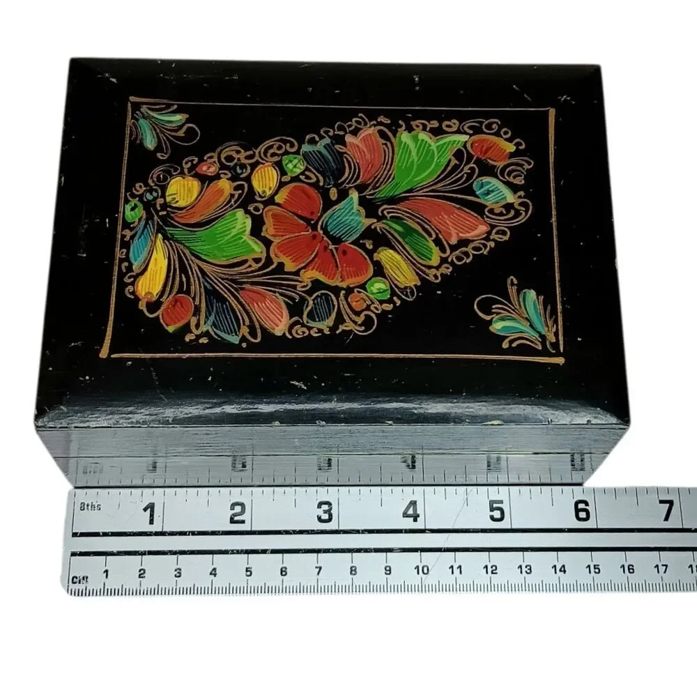Wooden Jewelry Or Trinket Box Black With Colorful Flowers Handpainted VTG 6x4.25